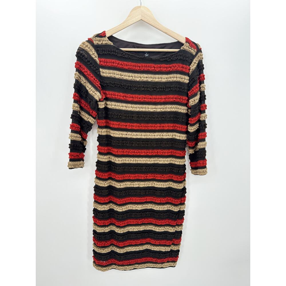 Sharagano Women 8 Striped‎ Crochet Knit Midi Dress 3/4 Sleeve 60s Inspired Boho